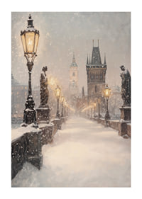 Illustrated winter view of snow-covered bridge with statues and lanterns-1
