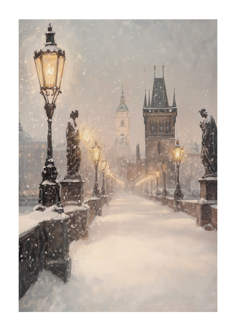 Illustrated winter view of snow-covered bridge with statues and lanterns-12
