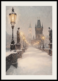 Illustrated winter view of snow-covered bridge with statues and lanterns-2