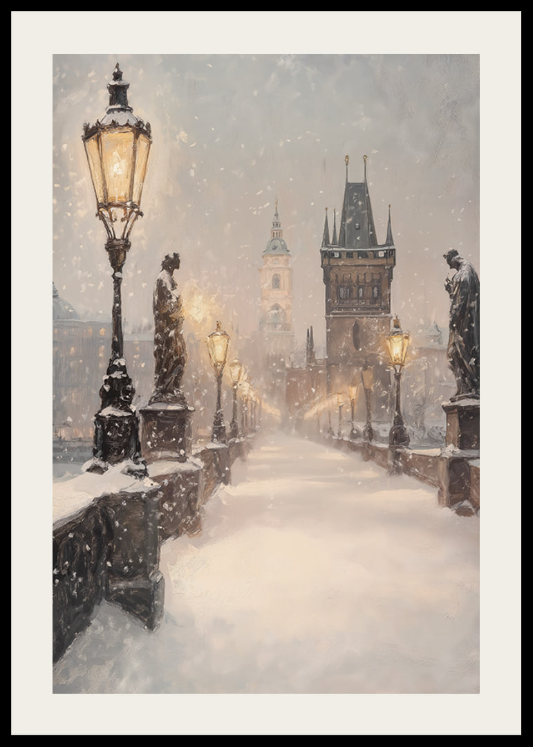 Illustrated winter view of snow-covered bridge with statues and lanterns-12
