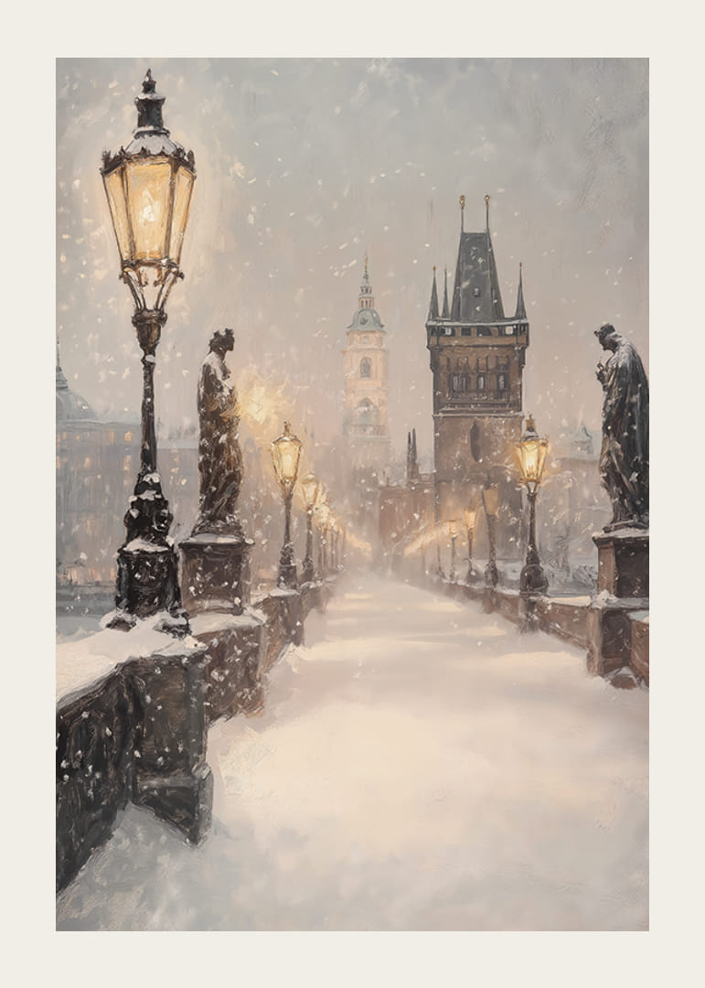 Illustrierte Winteransicht einer schneebedeckten Brücke mit Statuen und Laternen-12