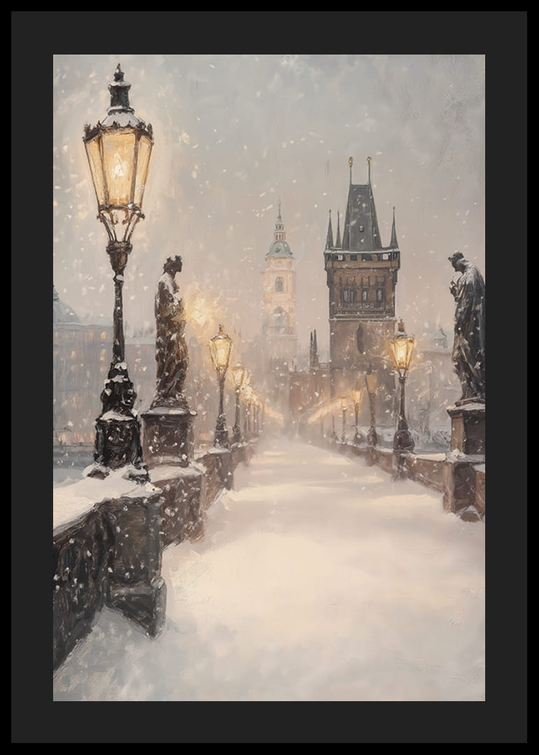 Illustrierte Winteransicht einer schneebedeckten Brücke mit Statuen und Laternen-12