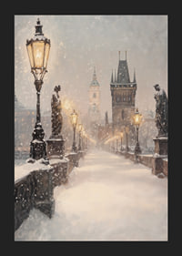Illustrated winter view of snow-covered bridge with statues and lanterns-5