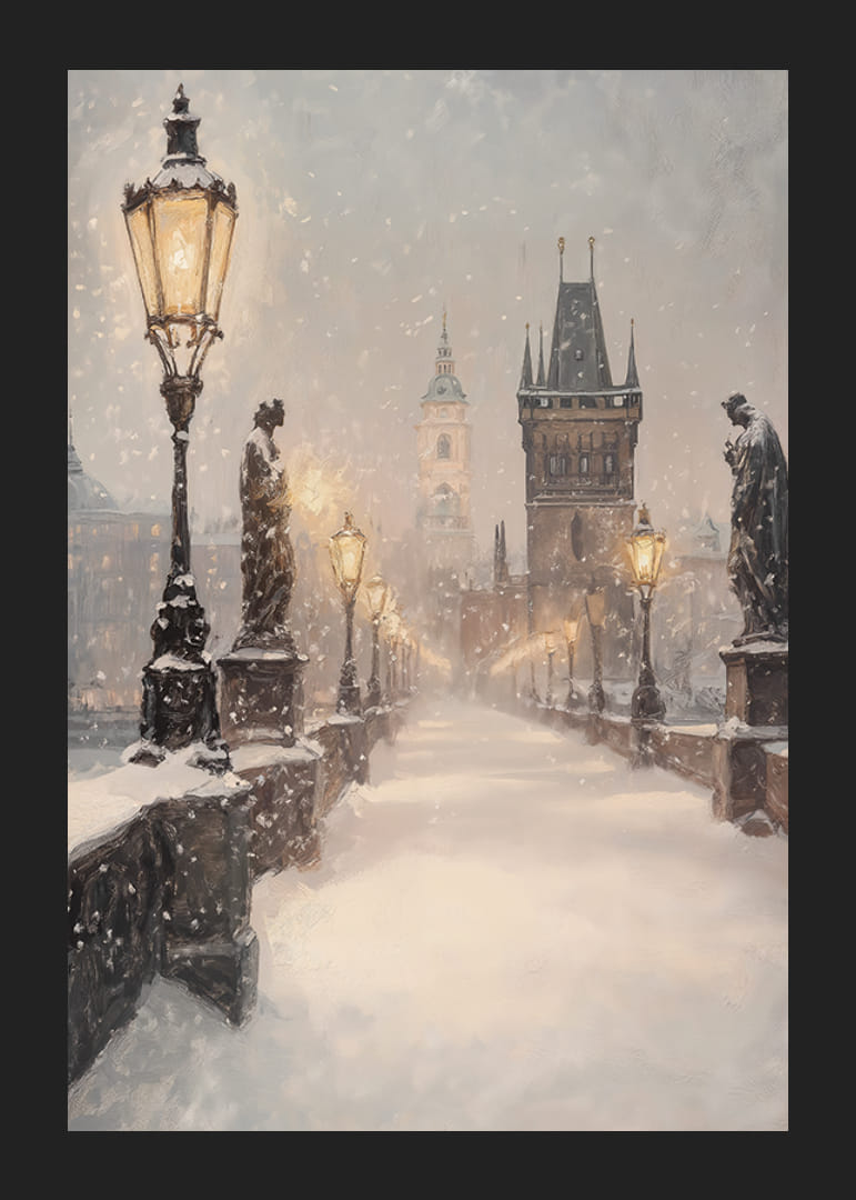 Illustrierte Winteransicht einer schneebedeckten Brücke mit Statuen und Laternen-12