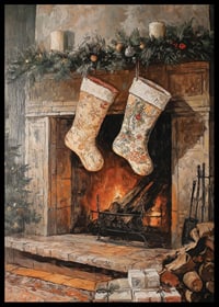 Illustrated Christmas stockings by fireplace with fir branches and packages-6