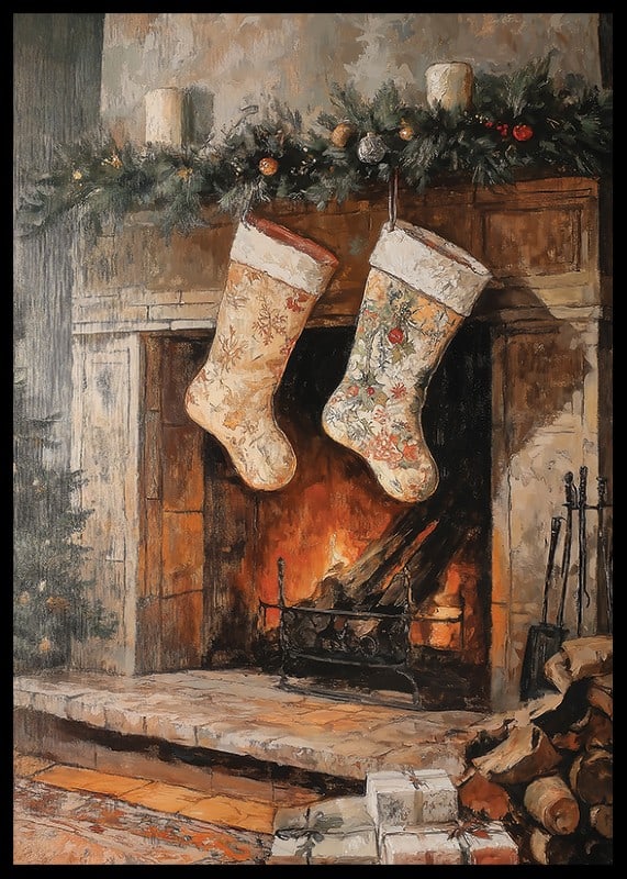Illustrated Christmas stockings by fireplace with fir branches and packages-12