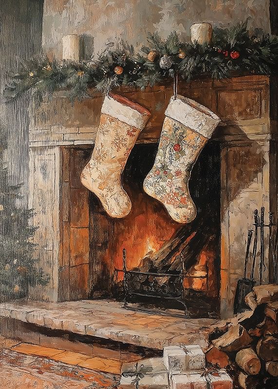 Plakat med et maleri af julestrømper ved en julepyntet pejs-12
