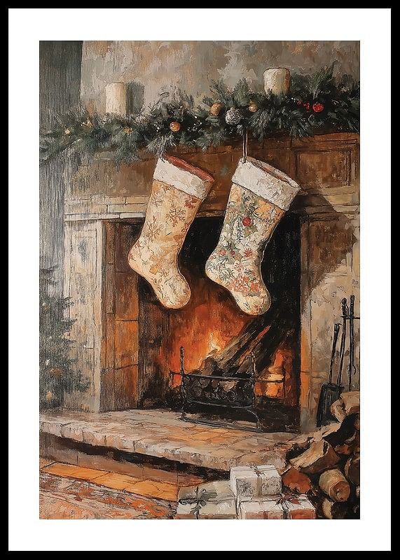 Plakat med et maleri af julestrømper ved en julepyntet pejs-12
