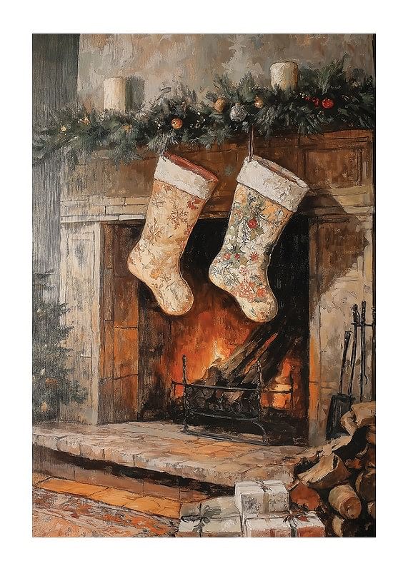 Plakat med et maleri af julestrømper ved en julepyntet pejs-12
