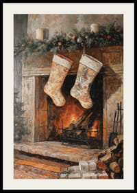 Bas de Noël illustrés près de la cheminée avec des branches de sapin et des paquets-2