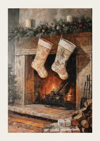 Bas de Noël illustrés près de la cheminée avec des branches de sapin et des paquets-3