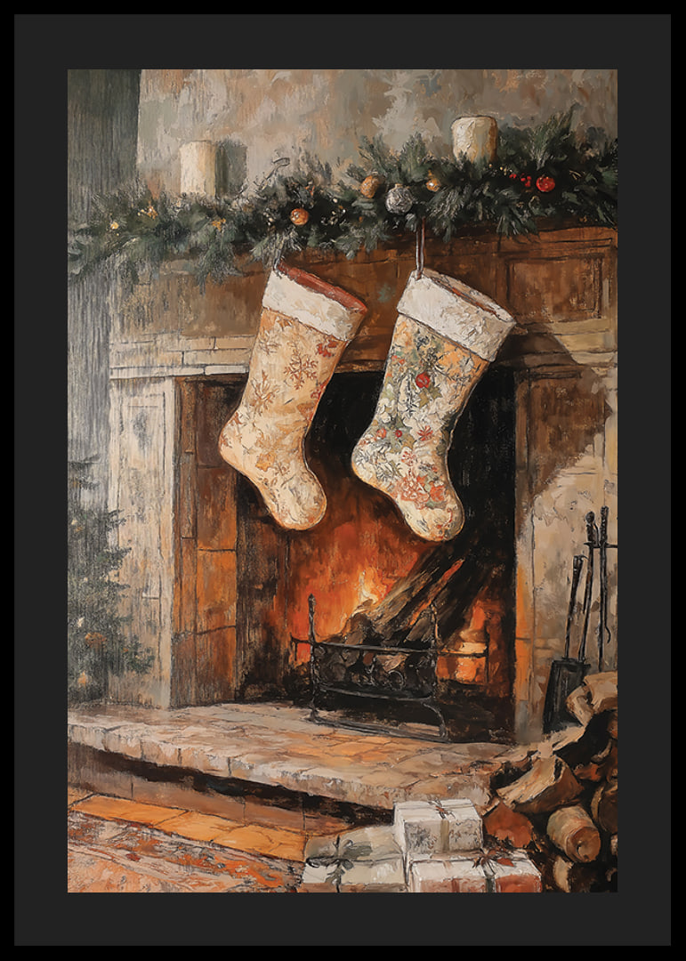 Illustrated Christmas stockings by fireplace with fir branches and packages-12