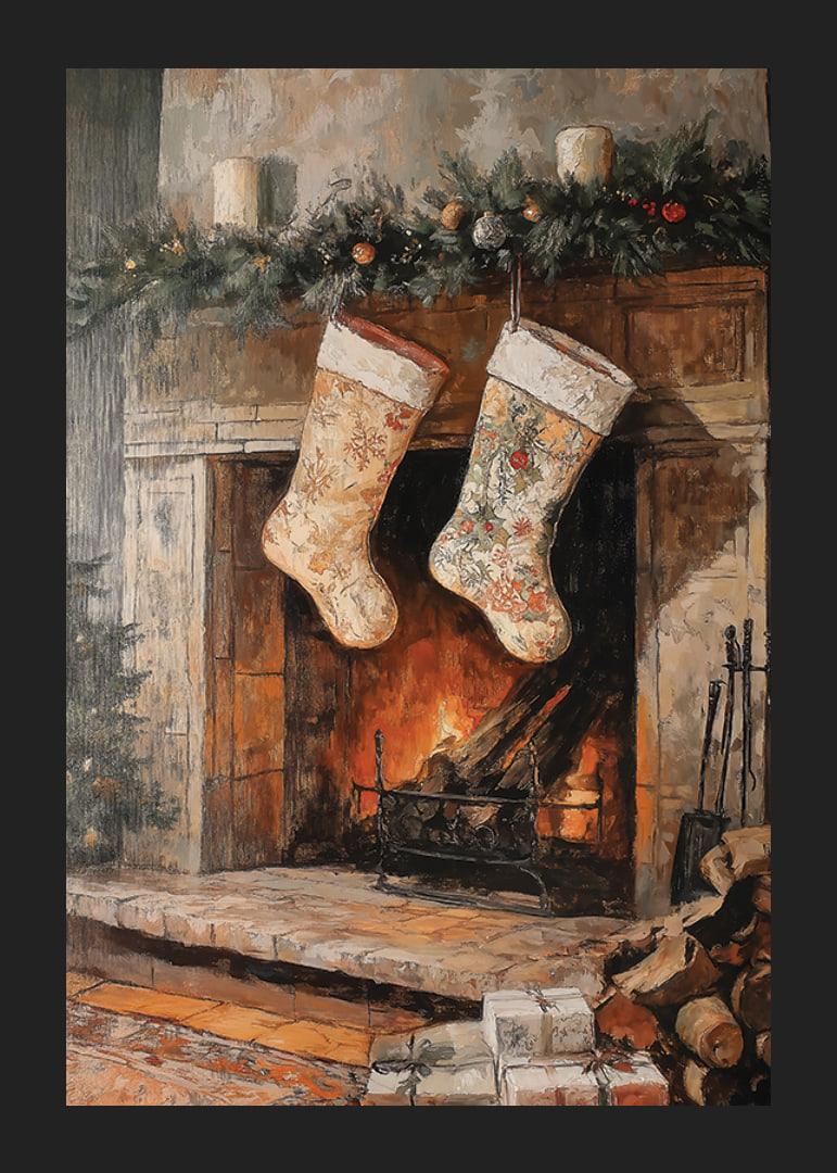 Illustrated Christmas stockings by fireplace with fir branches and packages-12