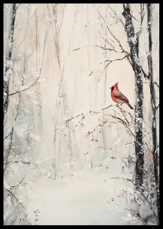 Painted red cardinal on branch in snowy winter landscape-12