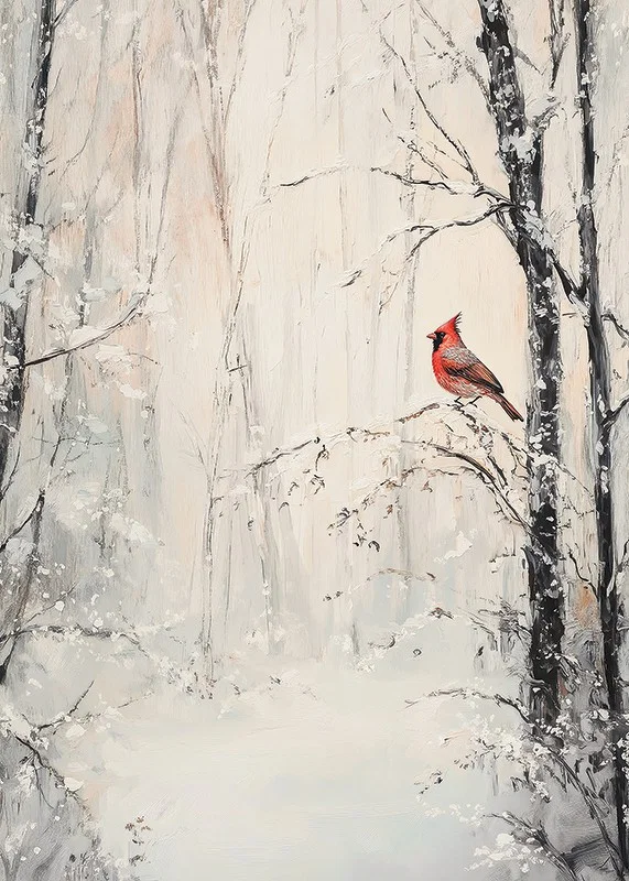Painted red cardinal on branch in snowy winter landscape-12
