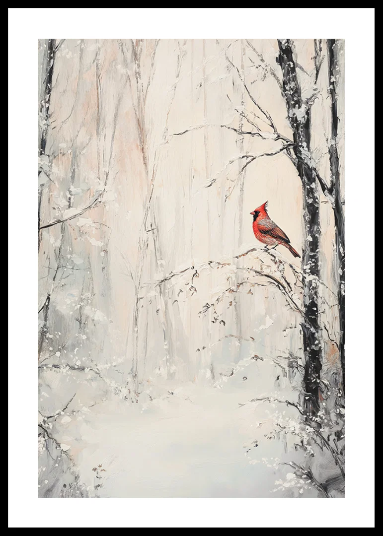 Painted red cardinal on branch in snowy winter landscape-12