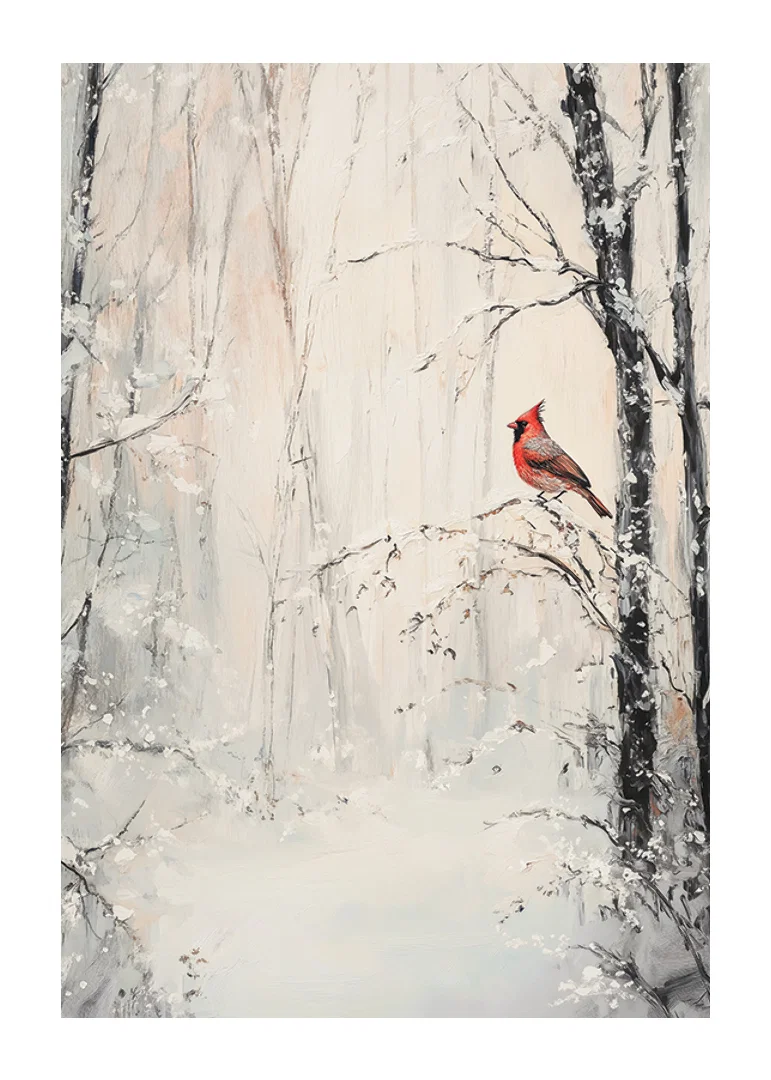 Painted red cardinal on branch in snowy winter landscape-12