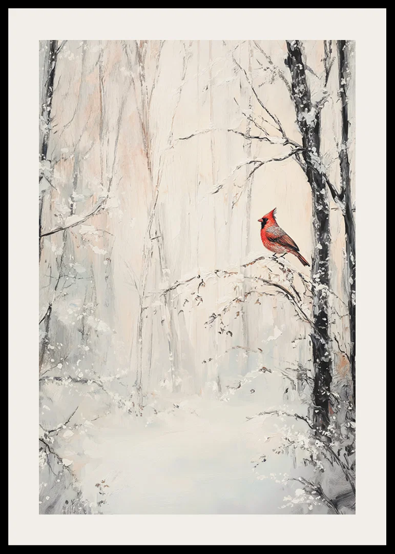 Painted red cardinal on branch in snowy winter landscape-12