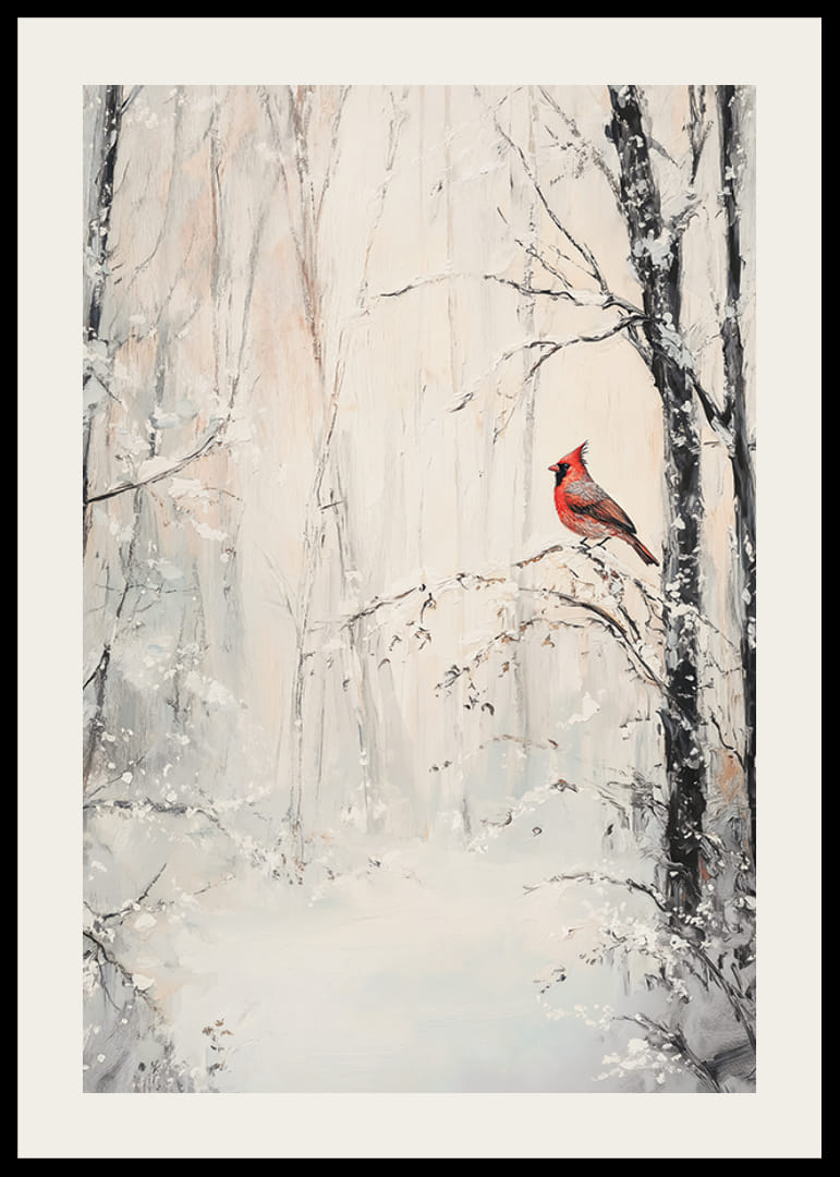 Malt rød kardinal på gren i snødekt vinterlandskap-12