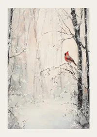 Painted red cardinal on branch in snowy winter landscape-3