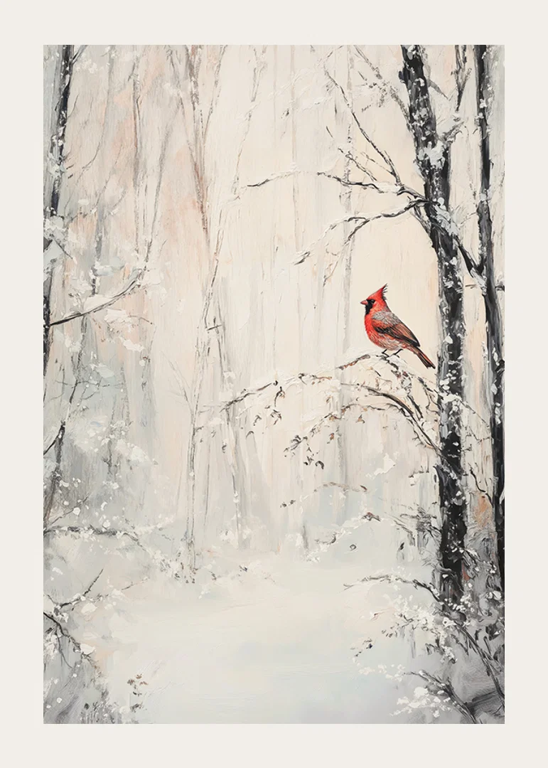 Painted red cardinal on branch in snowy winter landscape-12