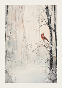 Malt rød kardinal på gren i snødekt vinterlandskap-3