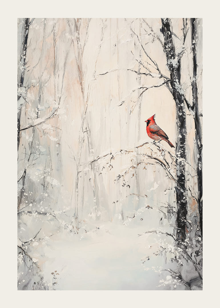 Malt rød kardinal på gren i snødekt vinterlandskap-12