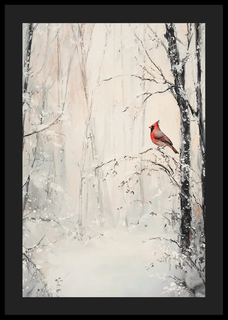 Painted red cardinal on branch in snowy winter landscape-12
