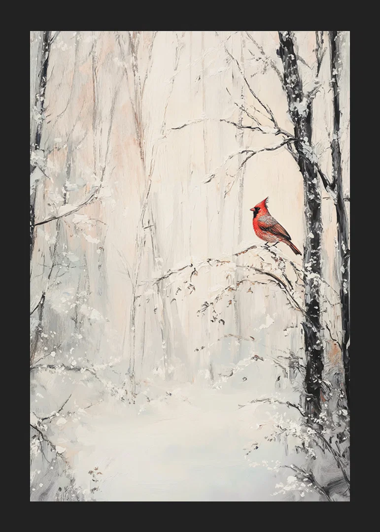 Painted red cardinal on branch in snowy winter landscape-12