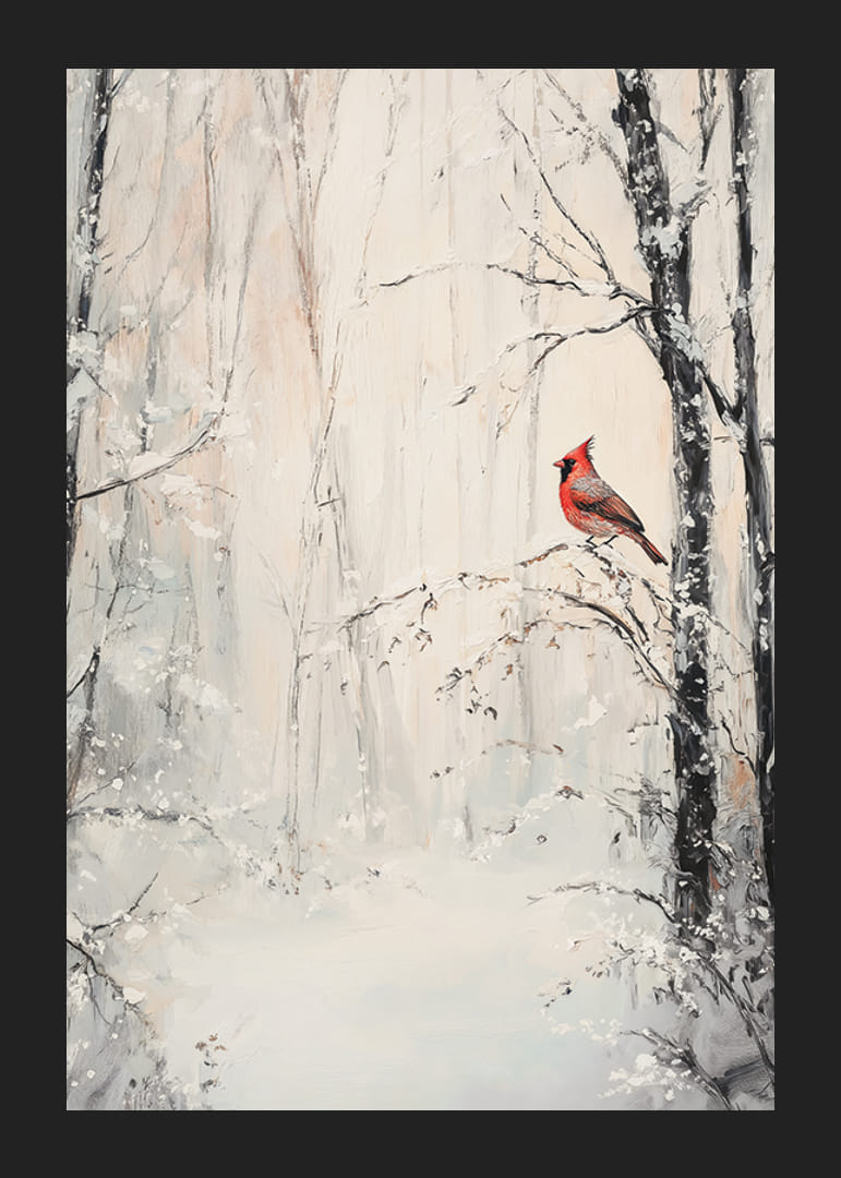 Malt rød kardinal på gren i snødekt vinterlandskap-12