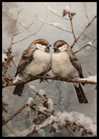 Two sparrows on snow-covered branch against frosty background-6