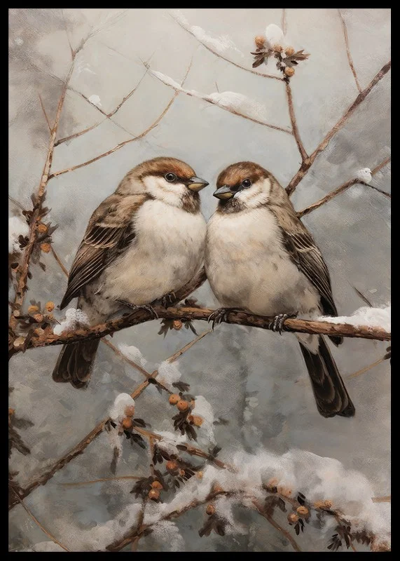 Two sparrows on snow-covered branch against frosty background-12