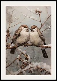 Two sparrows on snow-covered branch against frosty background-2