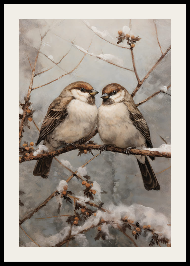 Due passeri su un ramo innevato su uno sfondo ghiacciato-12
