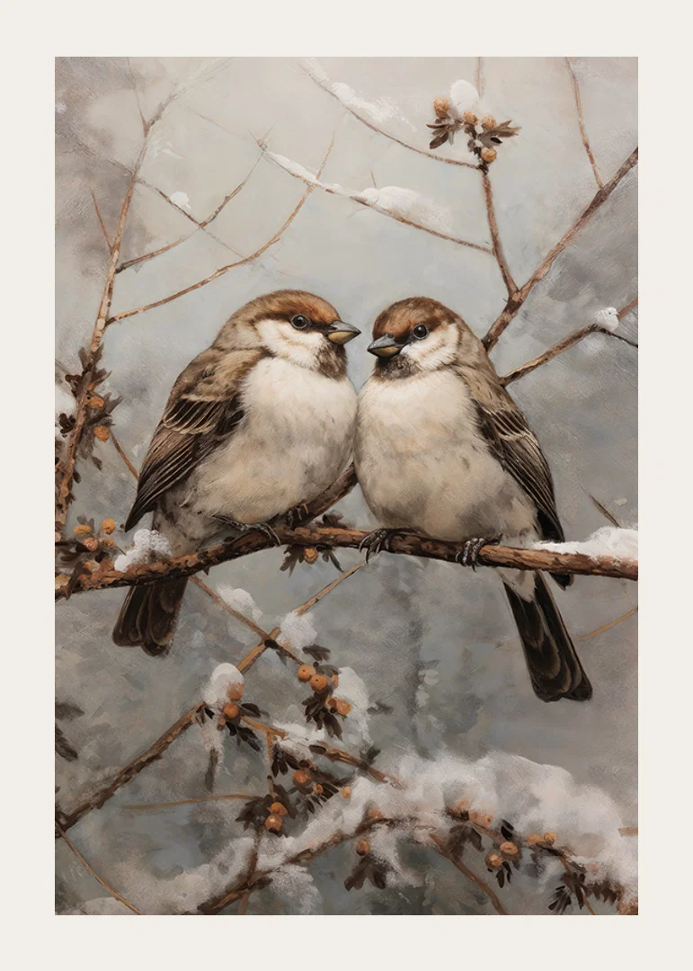 Two sparrows on snow-covered branch against frosty background-12