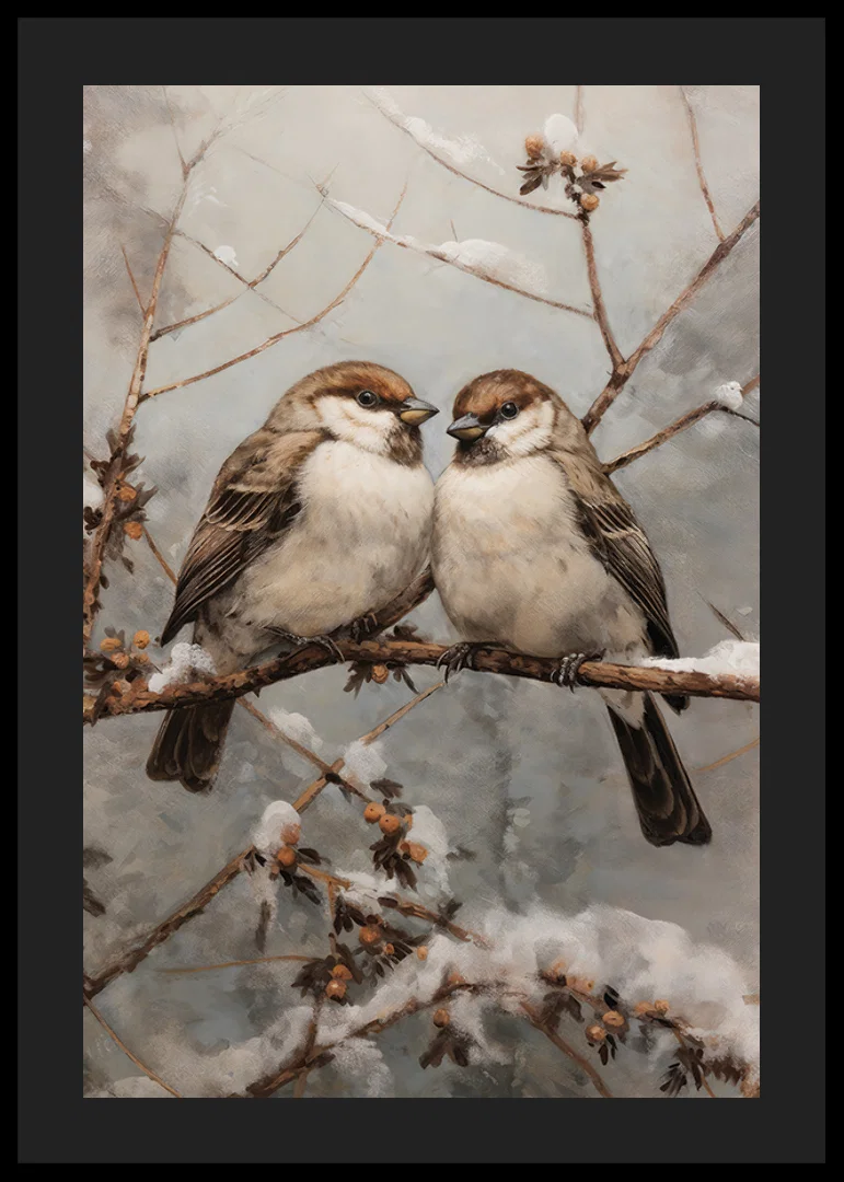 Two sparrows on snow-covered branch against frosty background-12