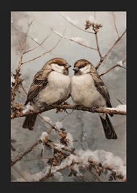 Two sparrows on snow-covered branch against frosty background-5
