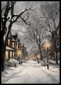 Poster met een schilderij van een verlichte winterstraat in sneeuwval-2