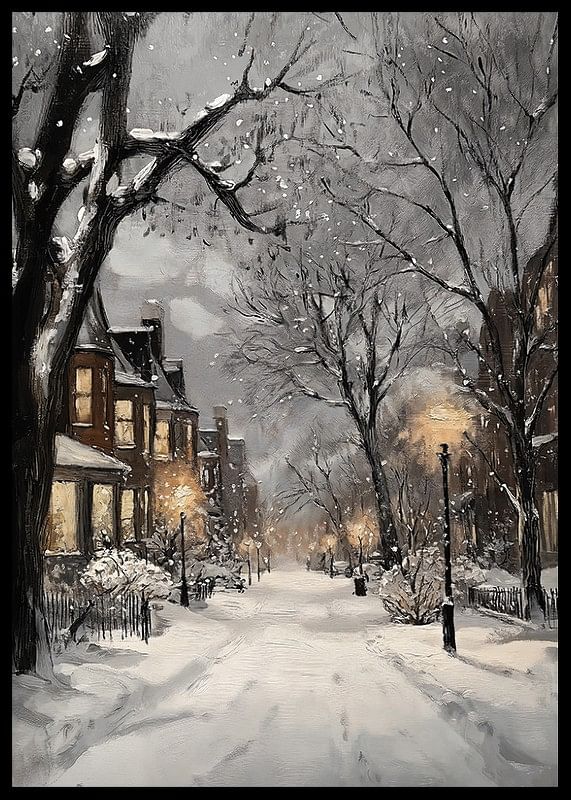 Poster met een schilderij van een verlichte winterstraat in sneeuwval-12