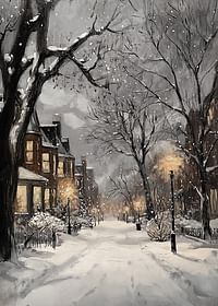Poster met een schilderij van een verlichte winterstraat in sneeuwval-3
