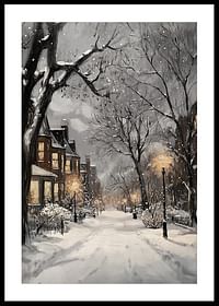 Poster met een schilderij van een verlichte winterstraat in sneeuwval-0