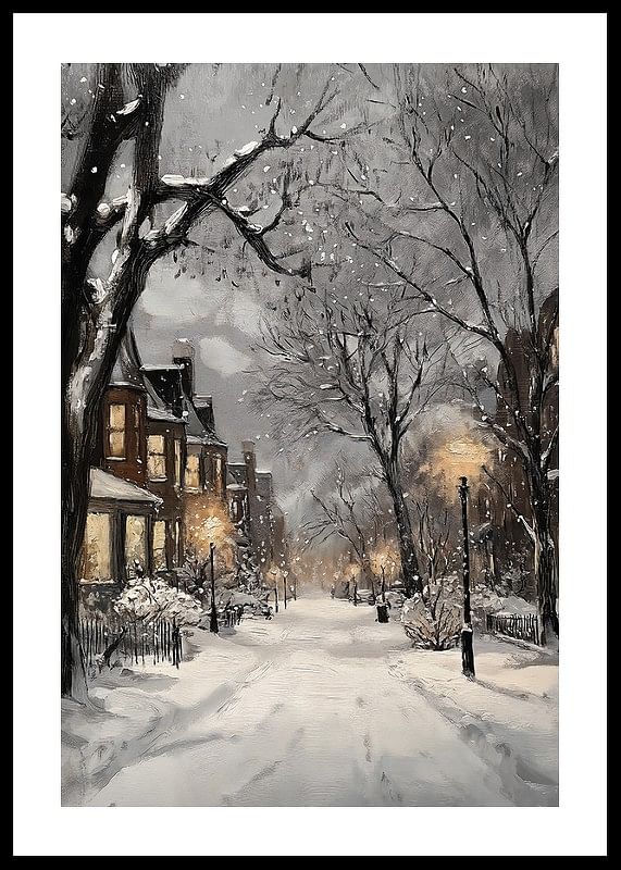 Poster met een schilderij van een verlichte winterstraat in sneeuwval-12