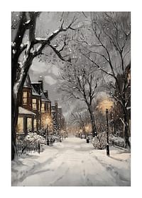 Poster met een schilderij van een verlichte winterstraat in sneeuwval-1
