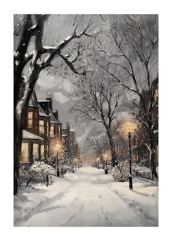 Poster met een schilderij van een verlichte winterstraat in sneeuwval-12