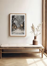 Poster met een schilderij van een verlichte winterstraat in sneeuwval-4