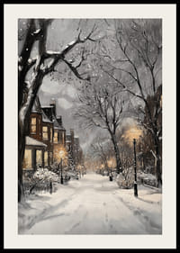 Painted winter street with snow, street lamps and warm window lights-2