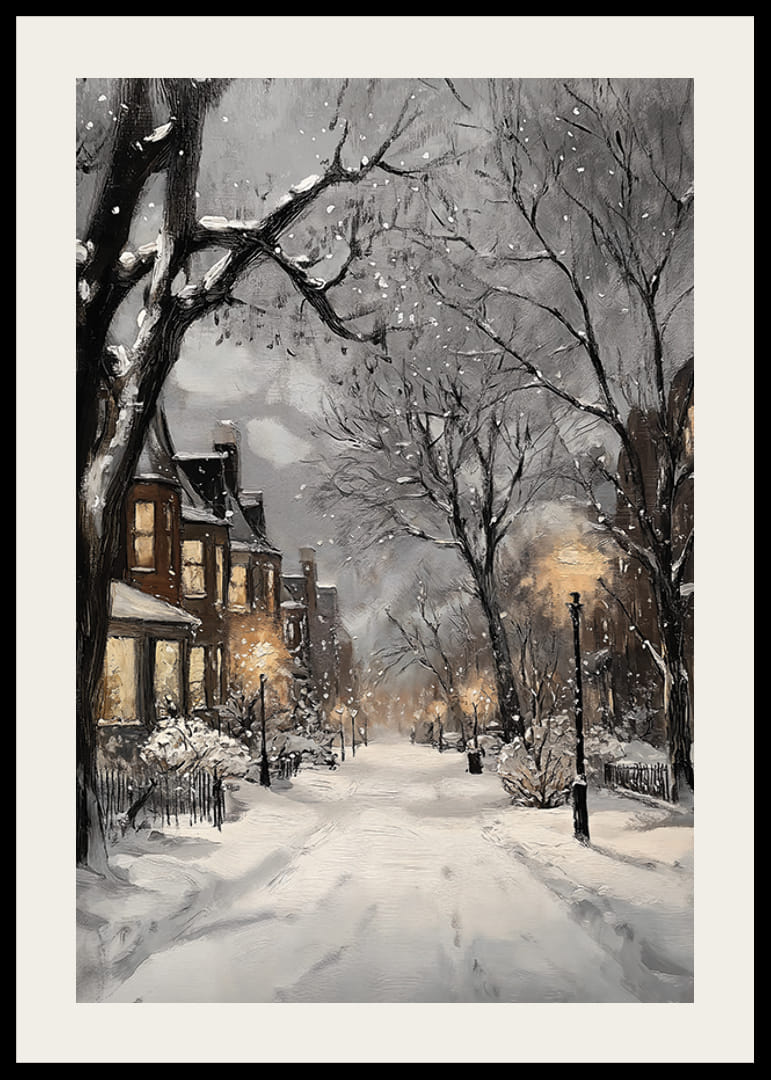 Painted winter street with snow, street lamps and warm window lights-12