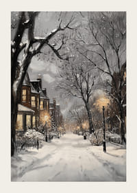 Painted winter street with snow, street lamps and warm window lights-3