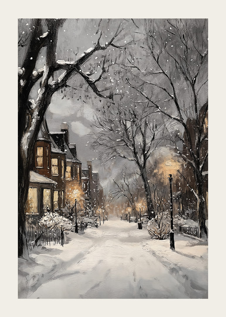 Painted winter street with snow, street lamps and warm window lights-12