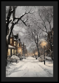 Painted winter street with snow, street lamps and warm window lights-4